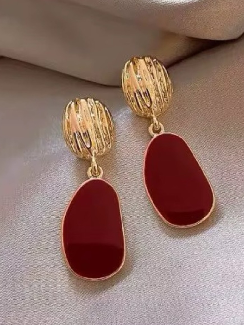 Gold & Burgundy Drop Earrings - Elegant Women Jewelry
